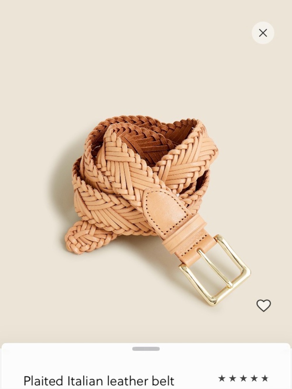 J. Crew women’s braided leather belt in light tan leather with gold buckle